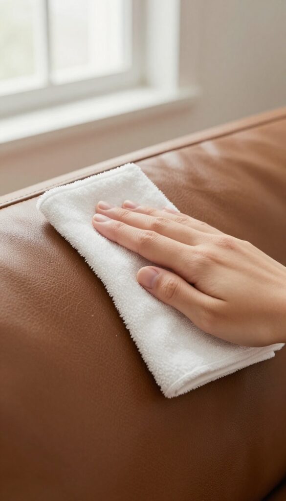 Hand dusting a leather couch with a microfiber cloth in bright natural light