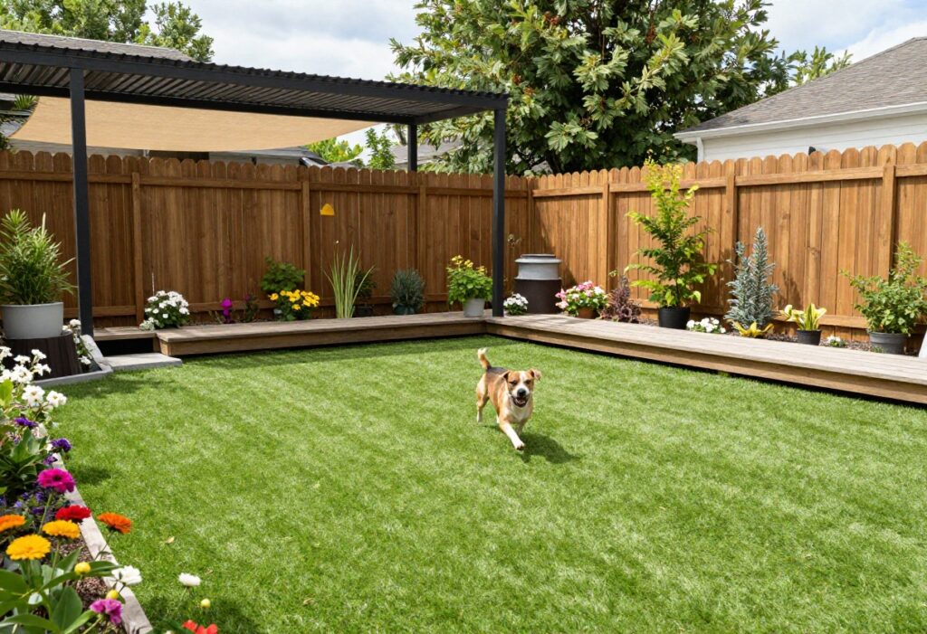 Dog running on artificial turf in a backyard dog run with fence and shade sail