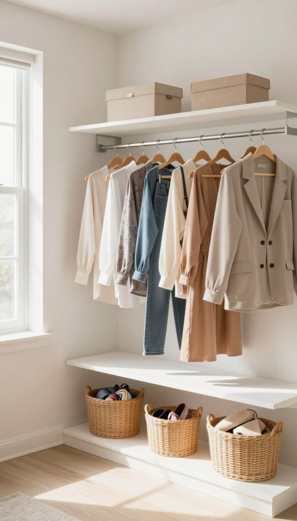 Organized closet with clothes sorted by category on matching hangers, accessories in bins, natural light.