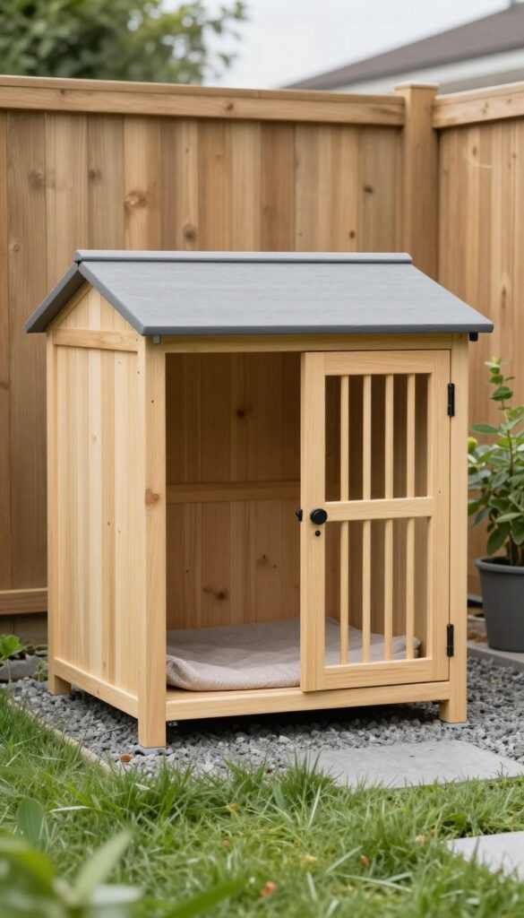 Modern minimalist dog kennel with clean lines, flat roof, and Dutch door in a contemporary backyard
