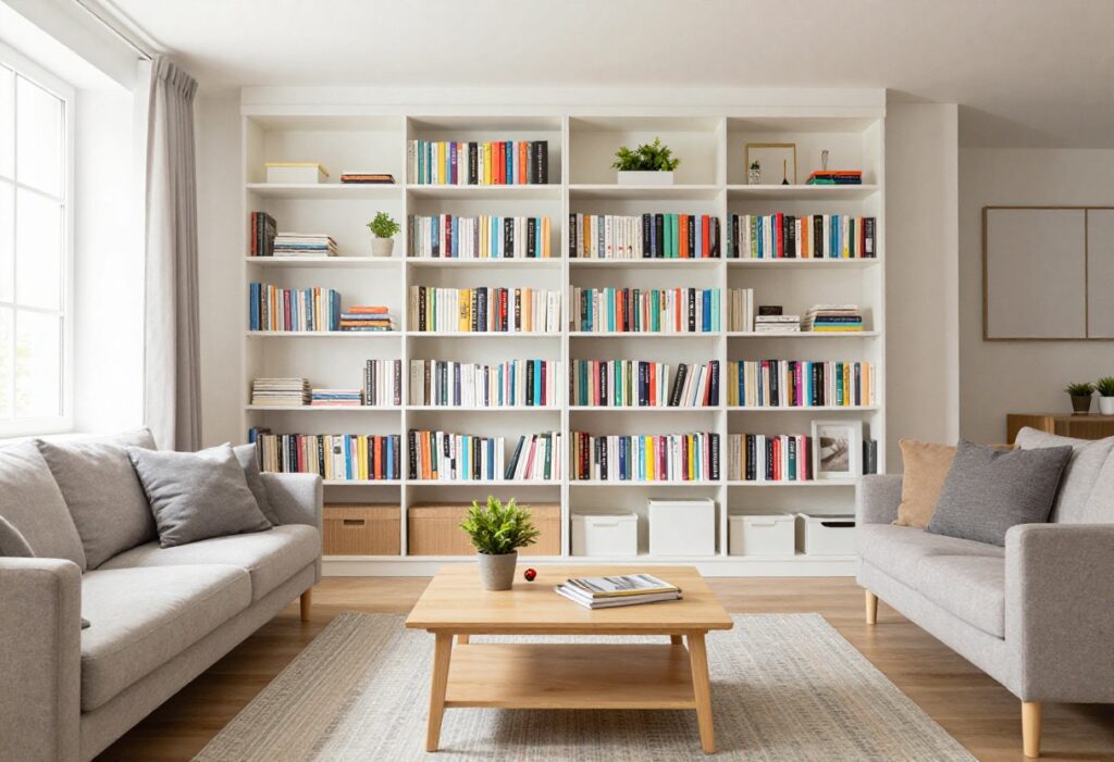 Bright and organized living room with clean surfaces and neatly arranged shelves