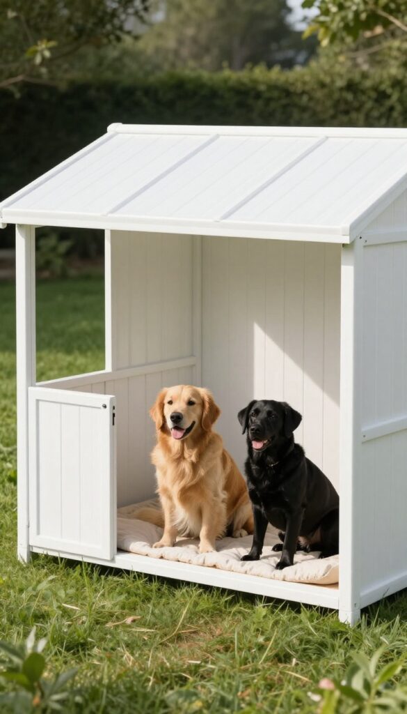 Covered PVC dog kennel with two dogs resting inside on a sunny day