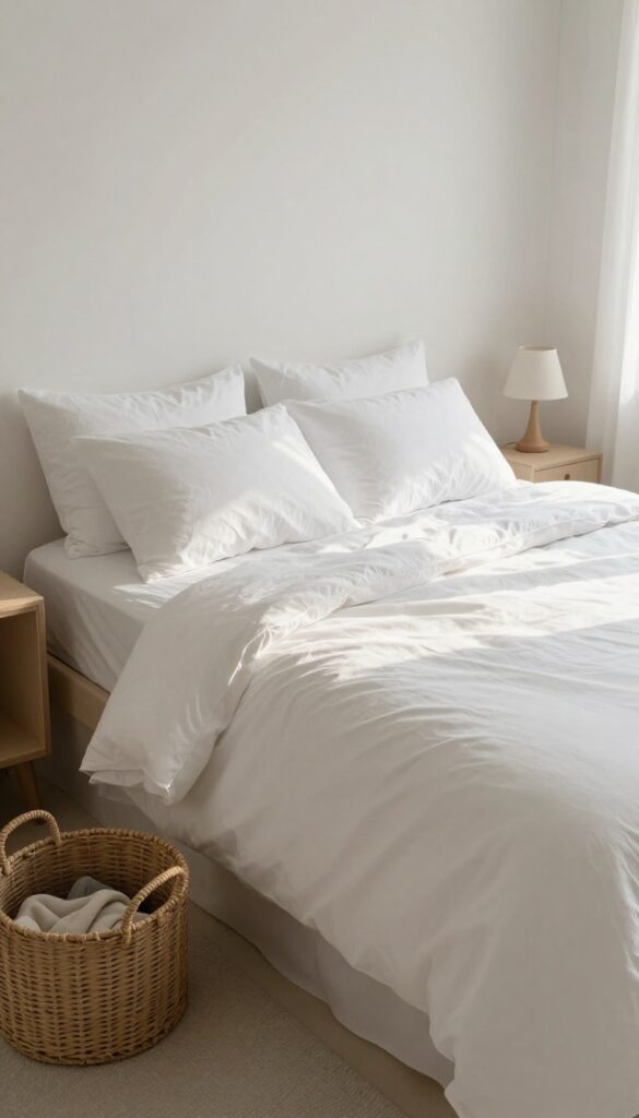 A neatly made bed in a bright, minimalist bedroom with morning sunlight.