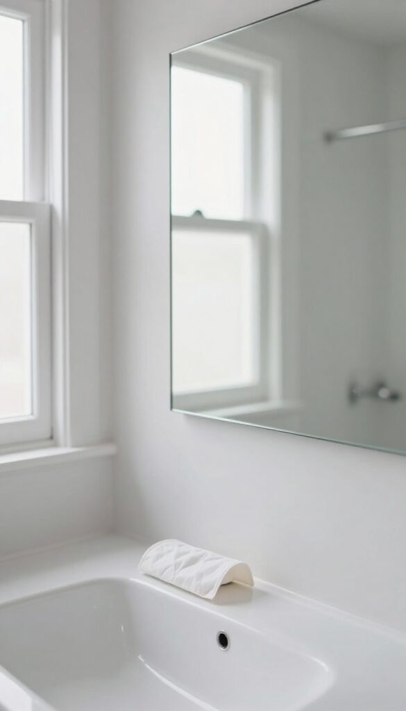 Clean mirror with a used dryer sheet nearby, reflecting a bright bathroom with no text or labels.