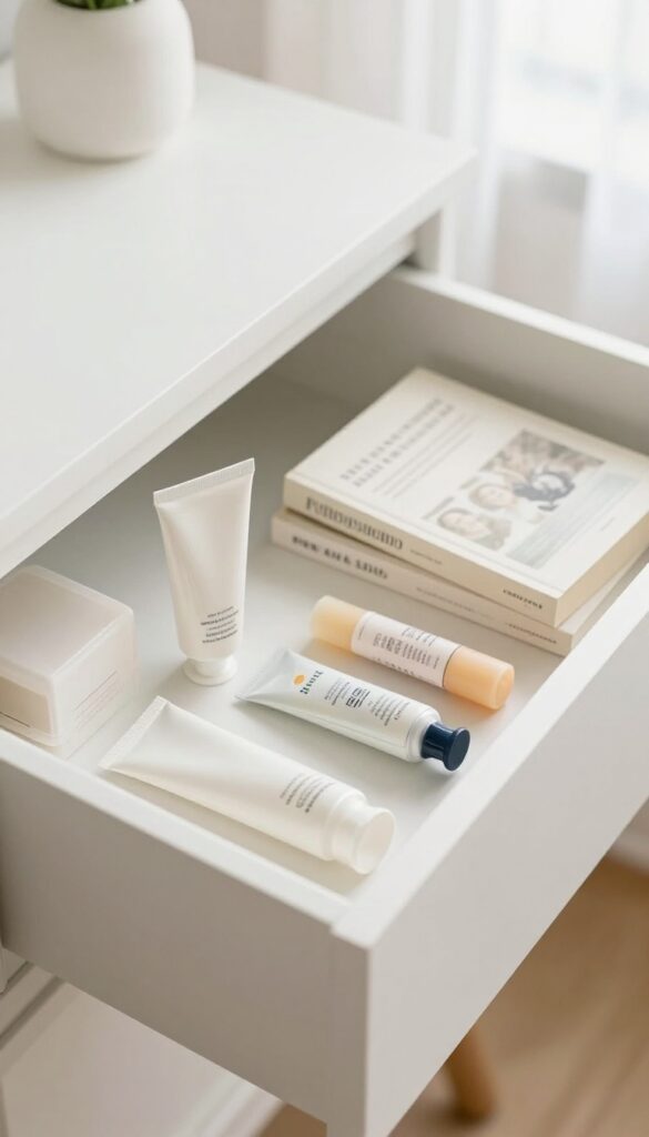 Organized nightstand drawer with skincare products and a book in soft natural light