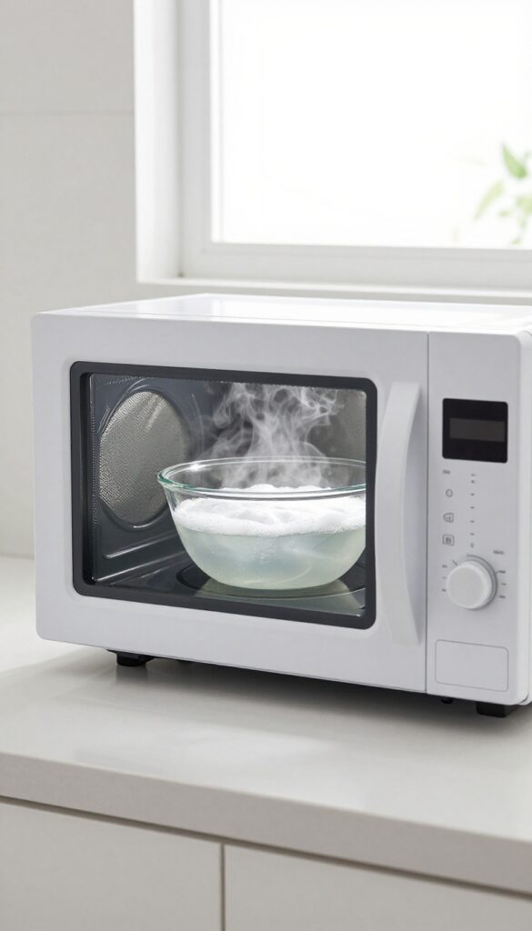 Microwave interior with steaming soapy water in a glass bowl, sparkling clean, bright natural light.