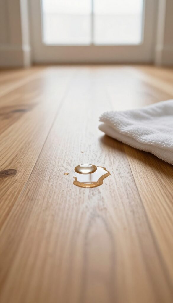 Close-up of a hardwood floor with a water droplet and a microfiber cloth nearby, illustrating immediate spill cleanup.