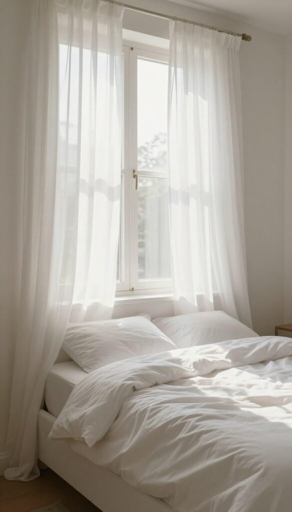 Bright bedroom with open window and curtains blowing in the morning breeze, fresh air concept