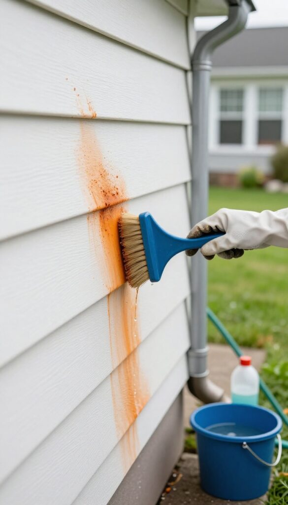 Person scrubbing rust stain on white vinyl siding with oxalic acid cleaner using a soft brush, wearing gloves, bright daylight