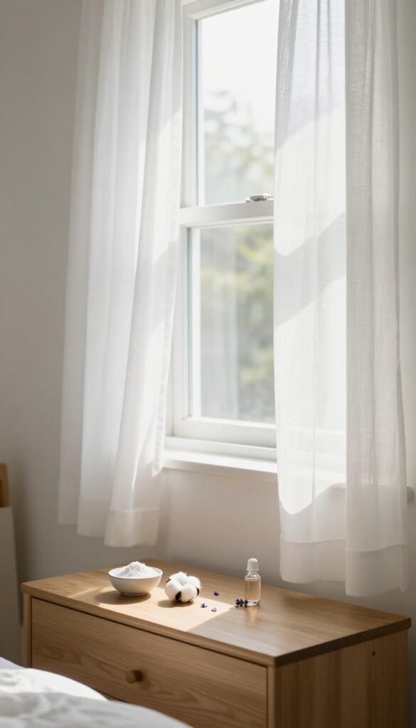 Bedroom with open window and natural air freshening elements like baking soda and essential oil cotton ball