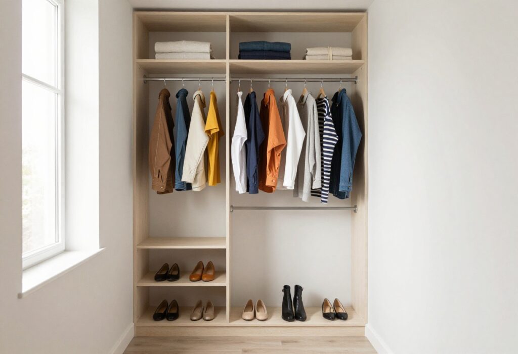 A clean, organized closet with clothes hung by color and shoes on display shelves.