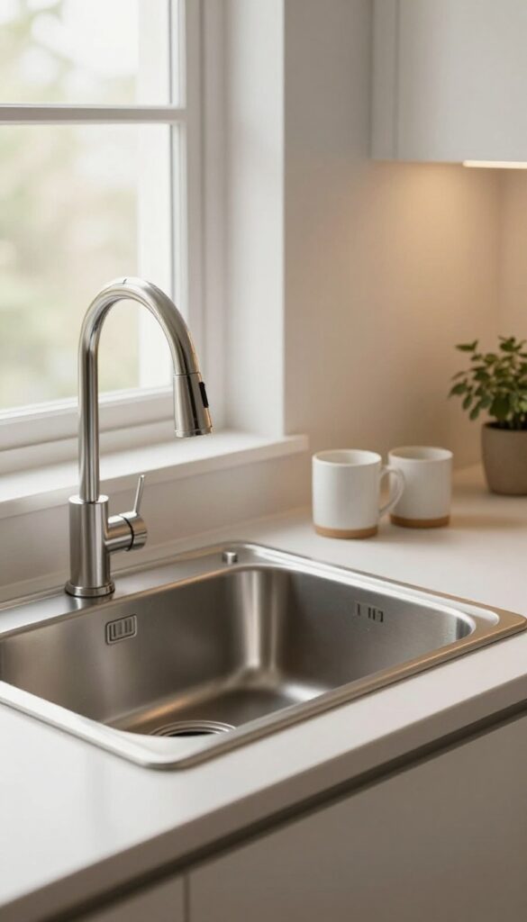 A clean, empty kitchen sink at night with no dishes, reflecting warm light, conveying a sense of order and calm.