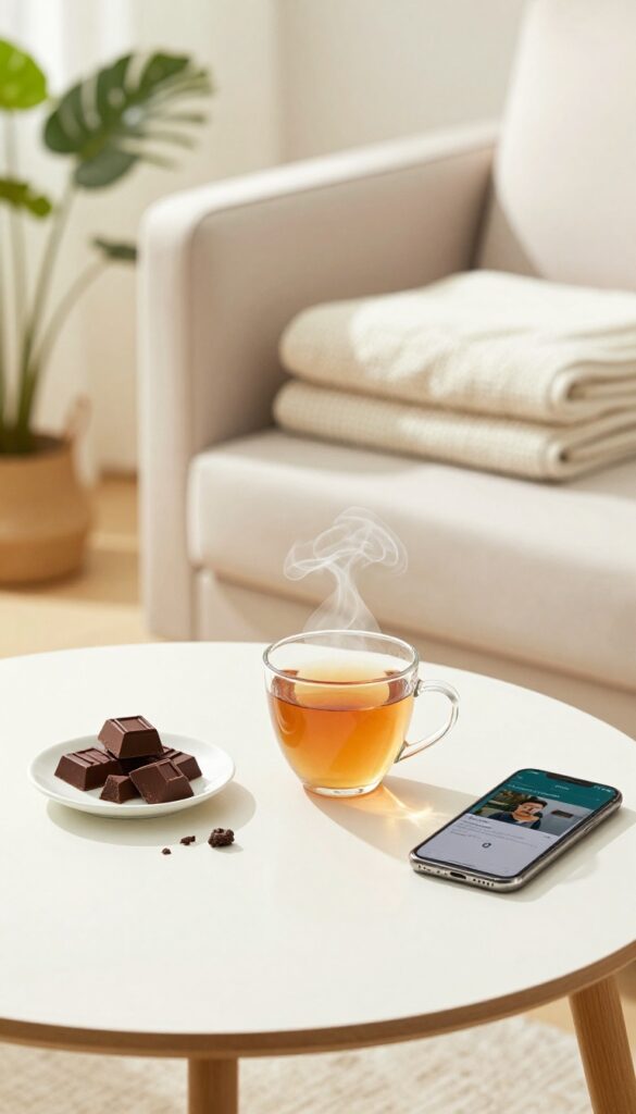 Cozy living room with dark chocolate, tea, and phone on coffee table after cleaning
