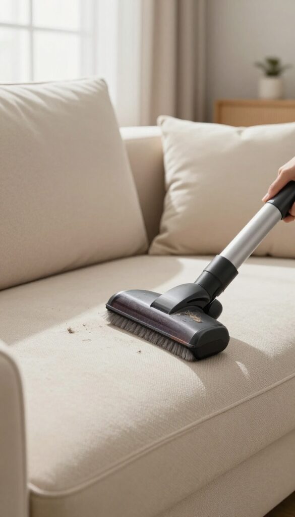 Vacuuming a microfiber couch with a soft brush attachment in a bright living room