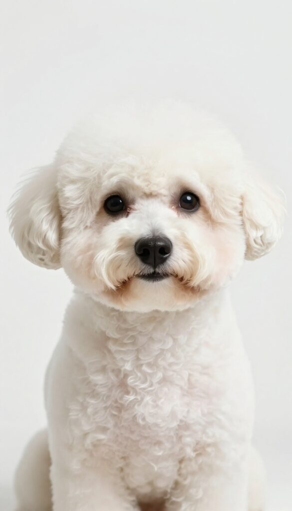 Close-up of a dog with a minimalist teddy bear face grooming style, short rounded fluffy face, natural light, clean background.