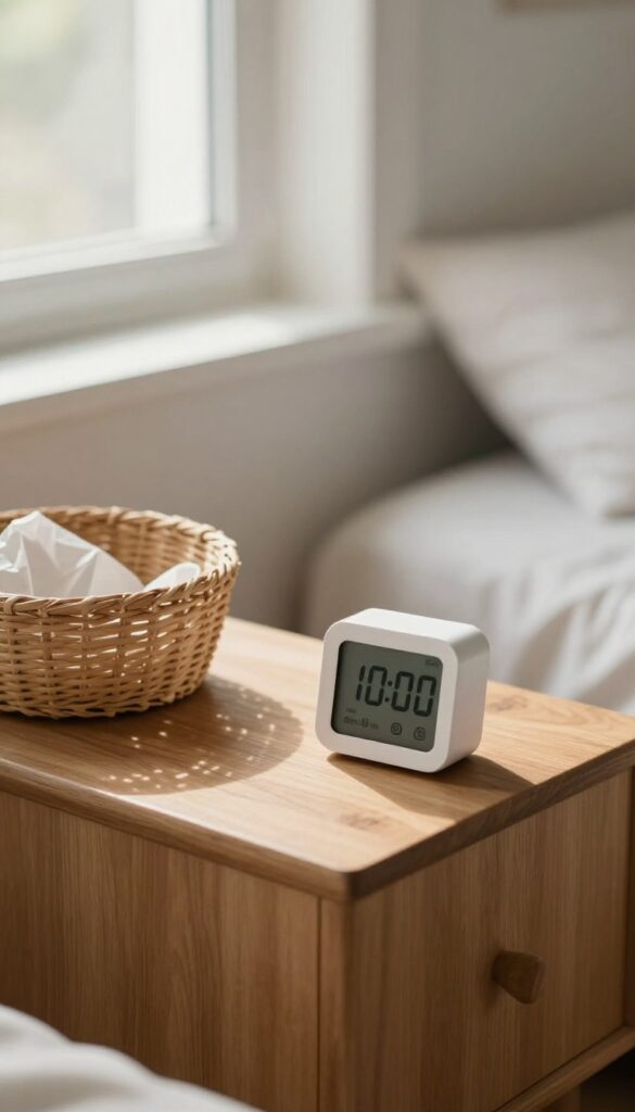 A nightstand with a timer, trash bag, and basket for a 10-minute cleaning session.