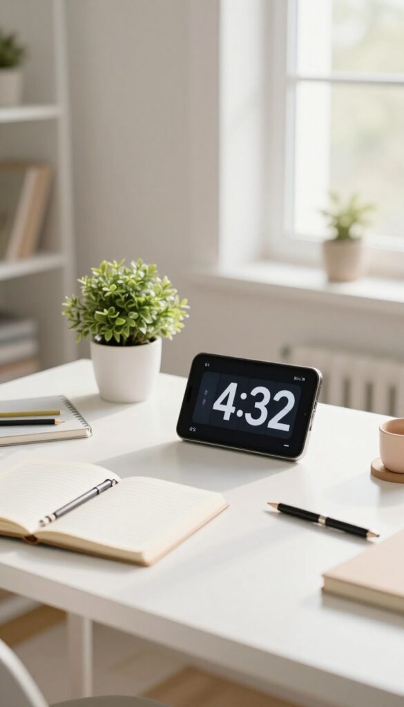A clean desk with a timer on a smartphone, representing a timed cleaning challenge for a room zone.