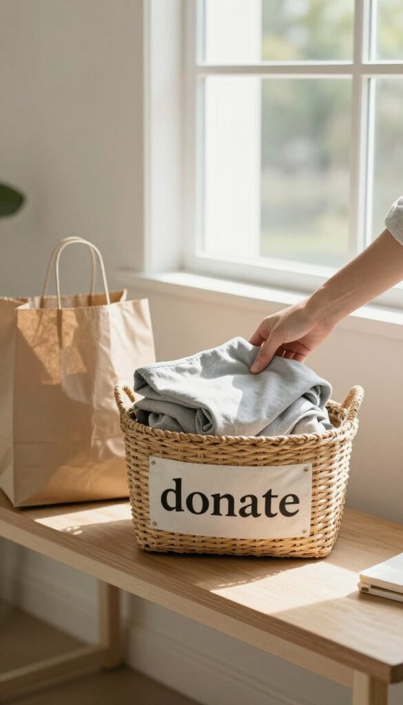 Person donating an old shirt at entryway while holding a shopping bag, illustrating the one in one out rule