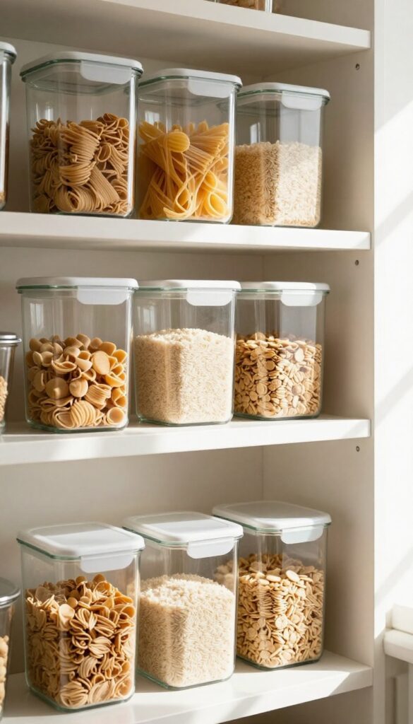 Clear containers for pantry organization, showing pasta and rice in glass jars on a shelf