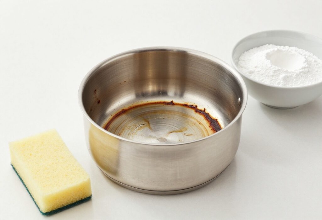 Burnt pot with baking soda and sponge on kitchen counter