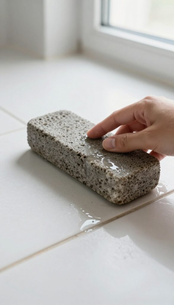 Close-up of a wet pumice stone cleaning dirty tile grout in a bright bathroom.