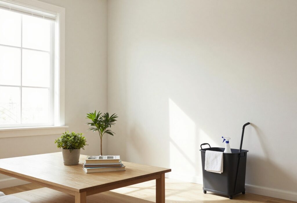 A clean and organized living room with sunlight, a plant, and a cleaning caddy on the floor.