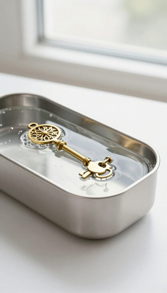 Small brass items in an ultrasonic cleaner, sparkling clean with bubbles and natural light