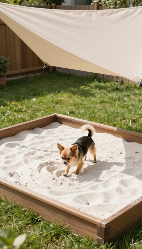 Small dog digging in a shaded sandbox run in a sunny backyard
