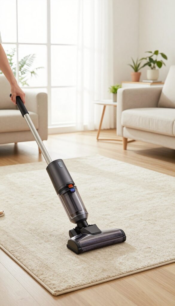 A person vacuuming a large area rug in a bright living room with natural light and clean decor.