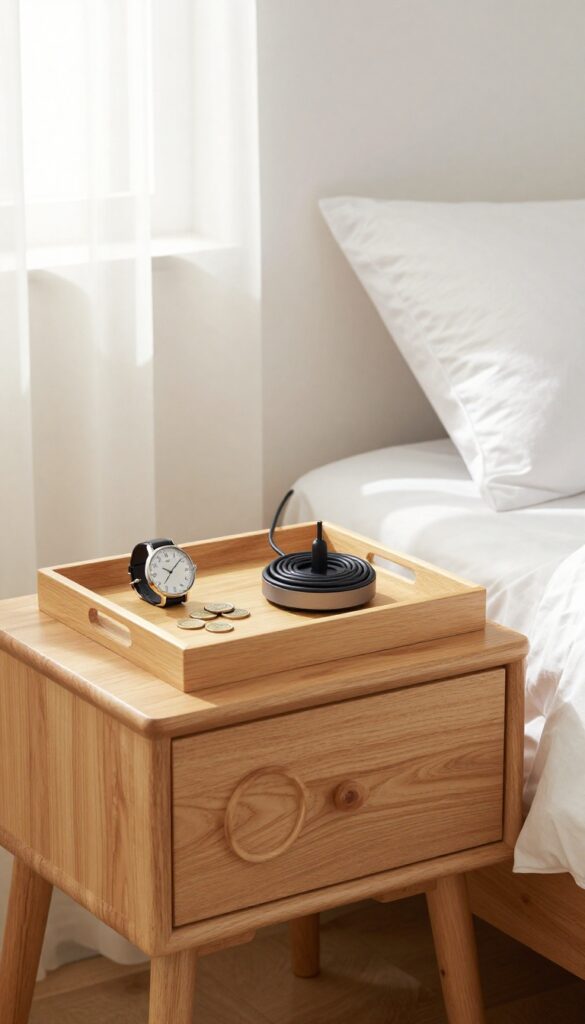 Clean bedroom nightstand with organized tray, charging station, and book, soft natural light
