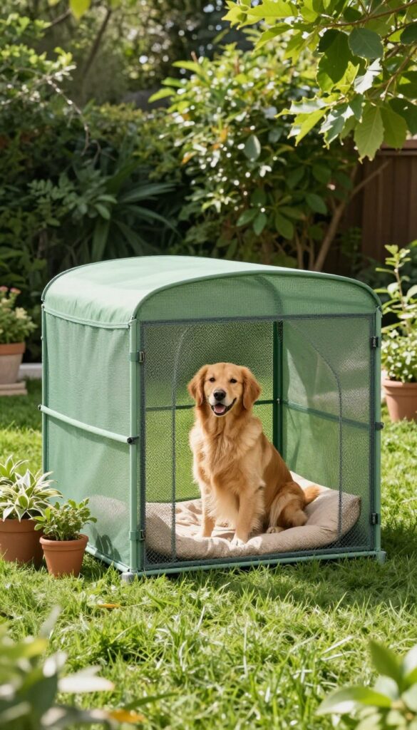 A painted sage green chain link dog kennel in a sunny backyard with a golden retriever inside.
