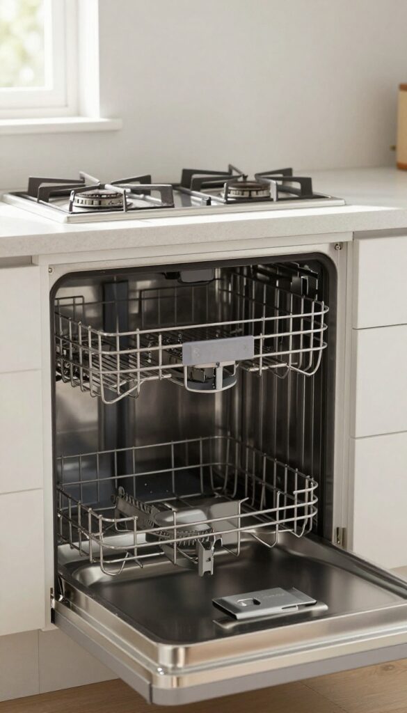 Stove grates placed vertically in a dishwasher rack for cleaning