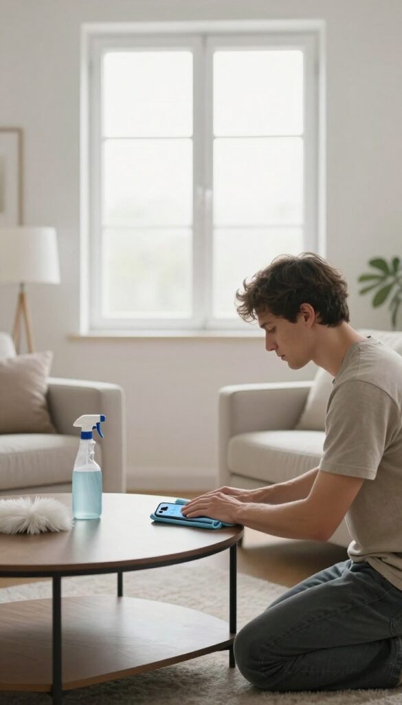 A person cleaning baseboards in a sunlit living room with a timer on a phone.