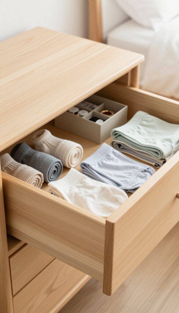 Neatly organized dresser drawer with wooden dividers separating socks, underwear, and accessories in a bright bedroom.