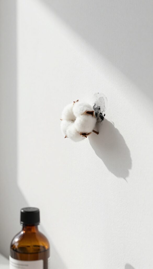 Hand blotting an ink stain on a white wall with a rubbing alcohol-soaked cotton ball