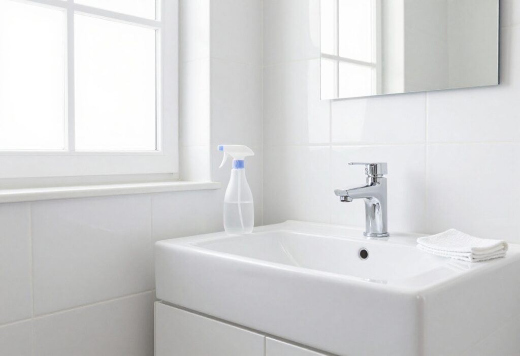 Clean bathroom sink and tiles with cleaning supplies