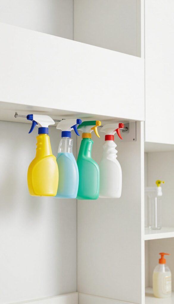 Tension rod installed under sink holding spray bottles upside down for organized storage