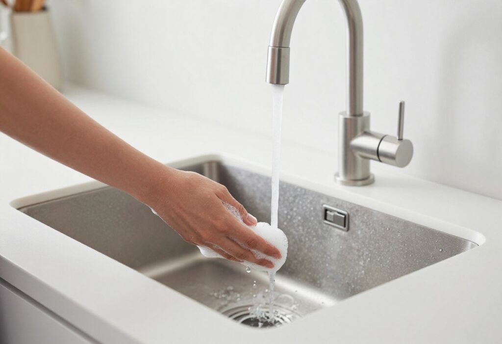 Hands being washed under running water with soap bubbles in a kitchen sink