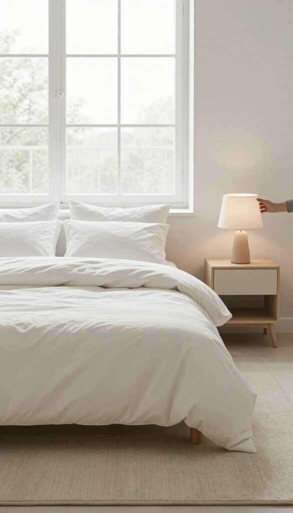 Person adjusting a crooked lampshade in a bright, clean bedroom