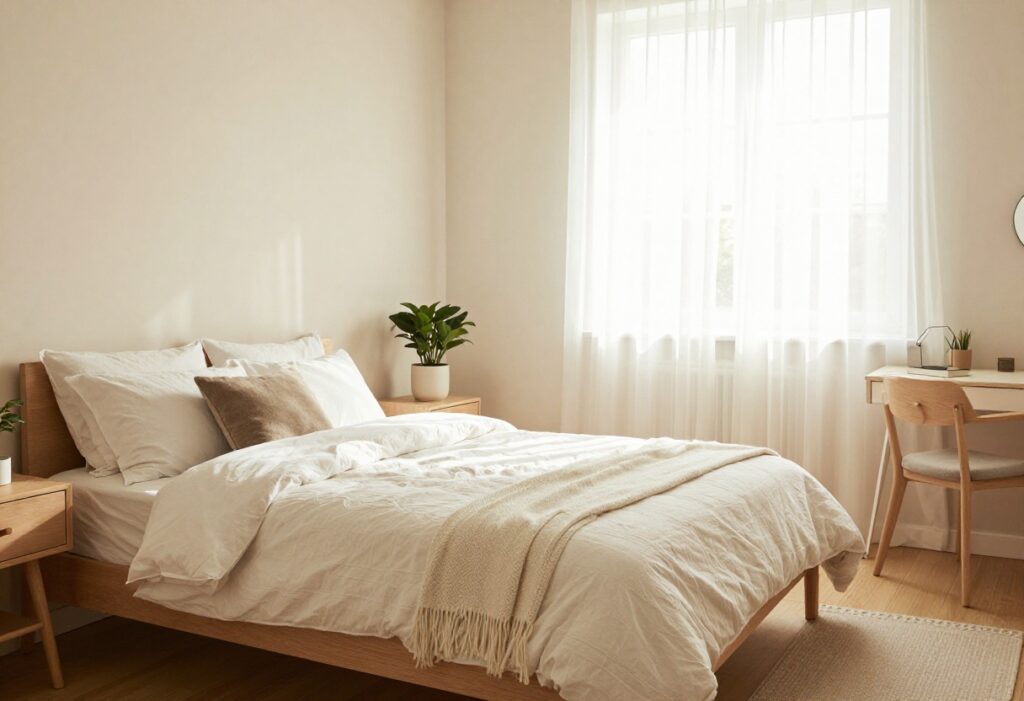 A clean, organized bedroom with a made bed, tidy desk, and natural light, creating a calm and inviting atmosphere.