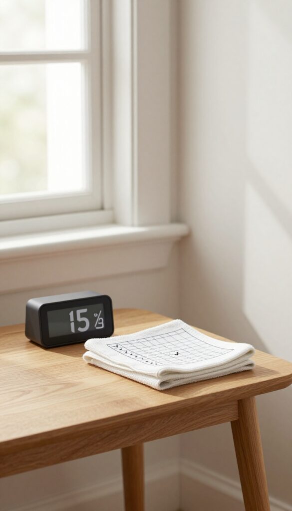 A timer and cleaning tracker on a table in a bright, tidy living room corner