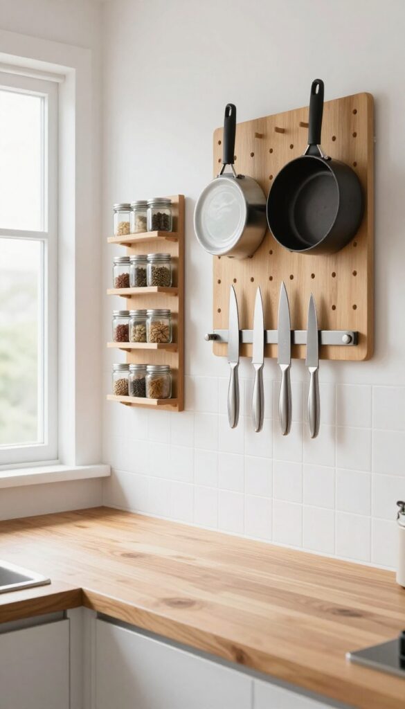 Kitchen wall organization with magnetic knife strip, spice rack, and pegboard for vertical storage
