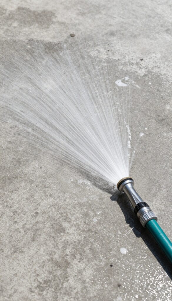 Garden hose rinsing concrete patio floor with strong jet nozzle
