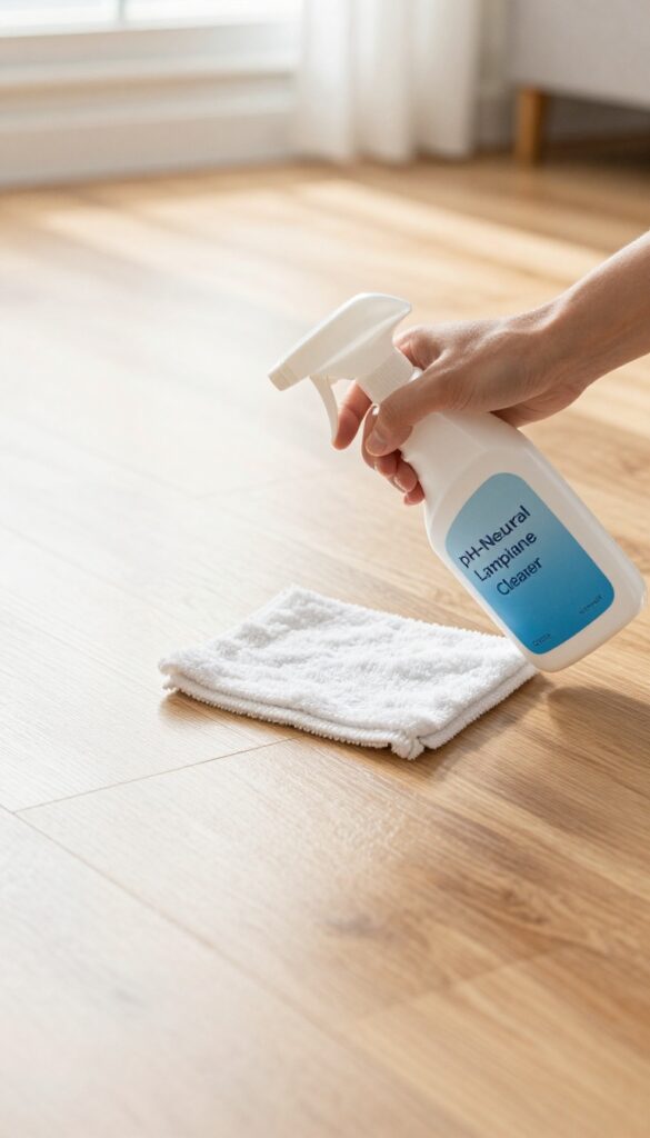 Hand spraying pH-neutral cleaner on shiny laminate wood floor with microfiber mop nearby, bright natural light.
