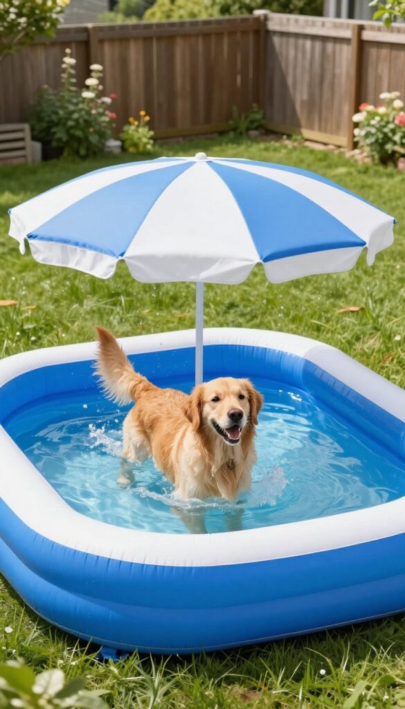 Dog enjoying an inflatable pool with built-in shade in a sunny backyard