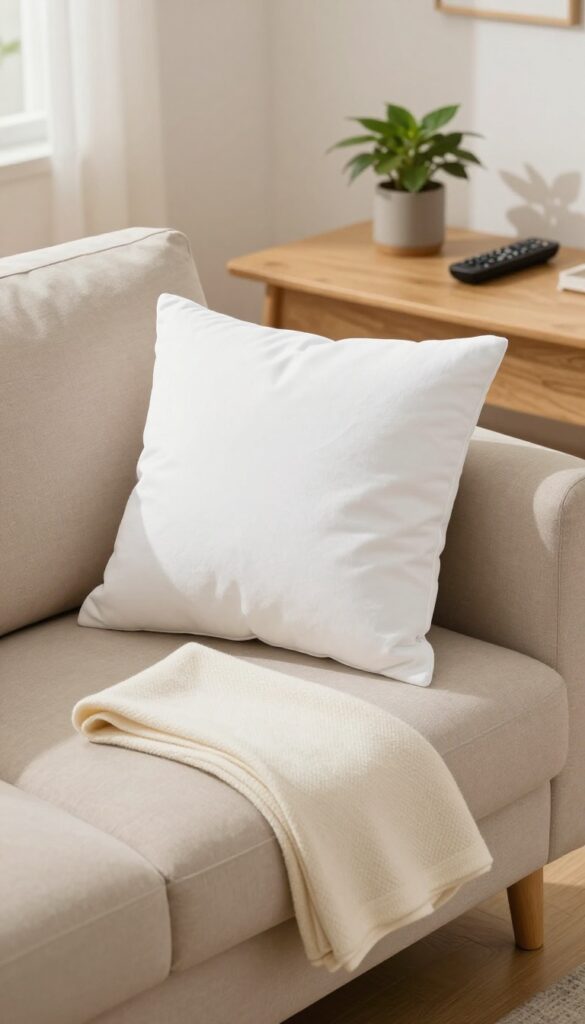 Evening tidy-up routine: fluffing pillows and folding blankets on a clean sofa in a cozy living room.
