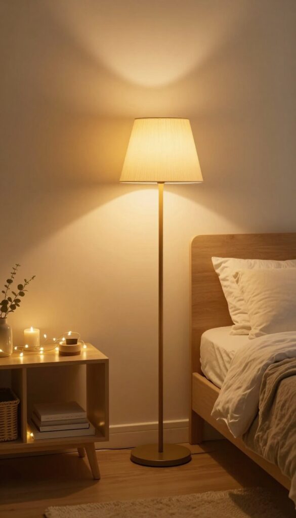 Cozy bedroom with warm lighting from lamps and fairy lights, creating a snug and inviting atmosphere.