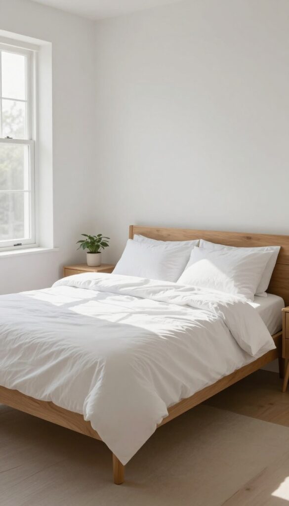 A neatly made bed in a bright, peaceful bedroom with natural light and minimal decor.