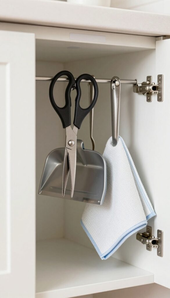 Magnetic strip inside cupboard door holding metal tools