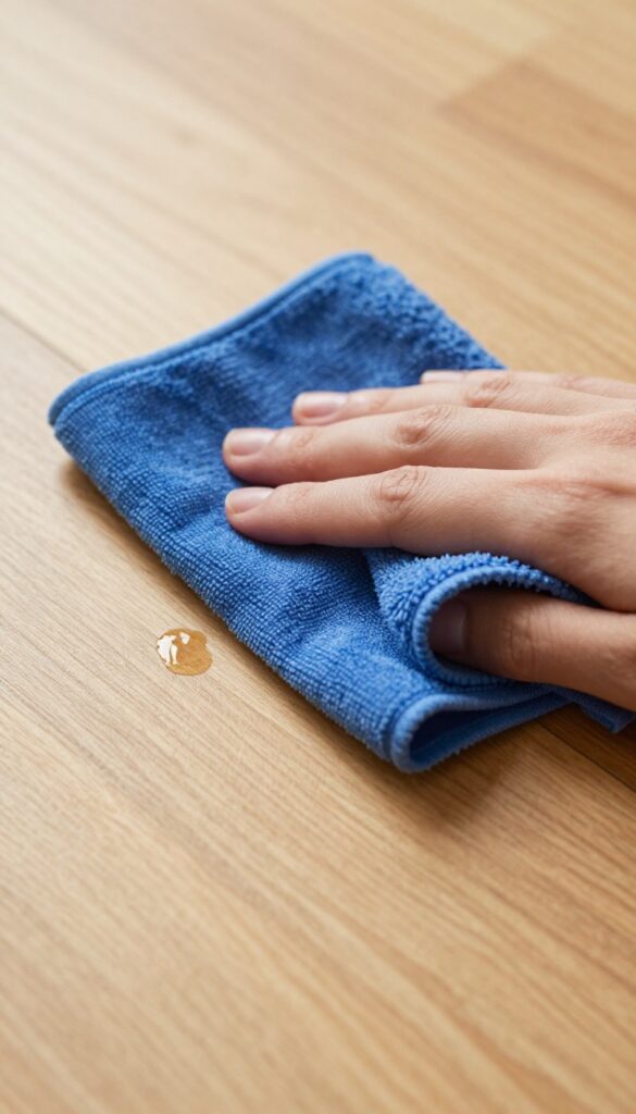 Hand wiping a wooden floor with a damp microfiber cloth, bright natural light, clean composition